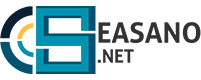 Logotipo de Seasano.net con diseño geométrico en tonos azul y amarillo, junto al texto negro.