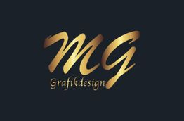 Goldenes "MG Grafikdesign" Logo auf schwarzem Hintergrund.
