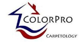 ColorPro Carpetology logo featuring a stylized house outline in blue and red.