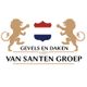 Twee gouden leeuwen, Nederlands schild, tekst: "Gevels en Daken, Van Santen Groep".