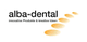 "Alba-dental Logo mit Slogan, orange Linien verlaufen nach rechts."