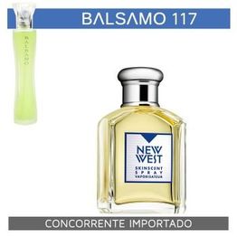 Frasco de perfume "New West" ao lado de embalagem verde. Texto: Balsamo 117, concorrente importado.