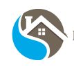 Logo con casa e camino su sfondo marrone, accanto a curva blu.