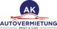 Logo mit rotem Auto und Text: "AK Autovermietung - Rent a car".