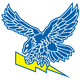 Blue eagle clutching a yellow lightning bolt.