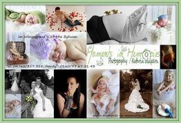 Collage von Baby- und Hochzeitsfotos, Werbung für "Moments in Memories" Fotografie.