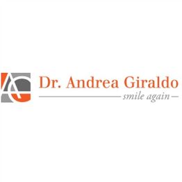 Logo with text: "Dr. Andrea Giraldo, smile again" and an abstract gray and orange symbol.