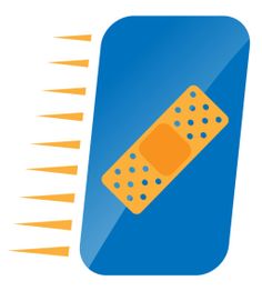 Icono de tirita sobre fondo azul con triángulos naranjas a la izquierda.