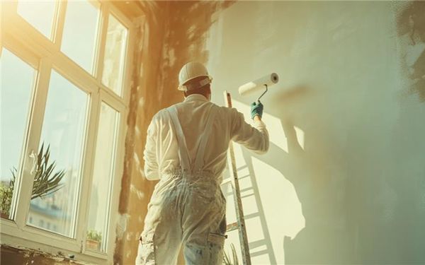 Ein Maler in weißem Arbeitskleidung streicht eine Wand in einem neu renovierten Altbau.