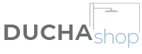 Logotipo de DUCHAshop con estilización de ducha encima de la palabra "shop".