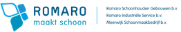 Logo van Romaro, met de tekst "Romaro maakt schoon" en een blauwe abstracte vlinder.