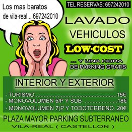 Cartel de servicio de lavado de vehículos low-cost en Vila-real, con precios y contacto.
