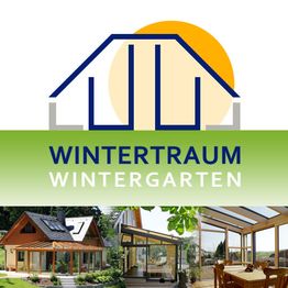 Logo mit Haus und Sonne, Text: "Wintertraum Wintergarten", Bilder von Wintergärten unten.