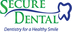 Logo with "Secure Dental: Dentistry for a Healthy Smile" and a tooth outline.