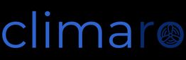 Logo mit blauem "climaro"-Schriftzug auf Schwarz, letztes "o" mit Lüfter-Symbol.