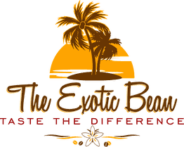 Logo with palm trees, sunset, and text: "The Exotic Bean - Taste the Difference."