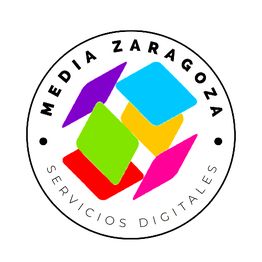 Logo de "Media Zaragoza Servicios Digitales" con figuras coloridas en el centro.
