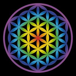 Motif circulaire coloré avec des entrelacements géométriques sur fond noir.