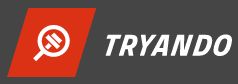 Rotes Logo mit Lupe und Balken, daneben der Schriftzug "TRYANDO" auf grauem Hintergrund.