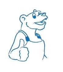Cartoon-Bär in Latzhose zeigt Daumen hoch mit einem Lächeln.