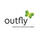 Outfly-Logo mit grünem Schmetterling, Slogan: "Insekten ausgeschlossen".