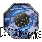 Zwei Delfine umkreisen einen Sternenhimmel, daneben der Schriftzug "Delphinus-Service".