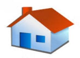 Desenho de uma casa com telhado vermelho, paredes brancas e porta azul.