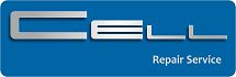 Blaues Logo mit dem Wort "Cell" in silbernen Buchstaben, darunter "Repair Service" in Weiß.