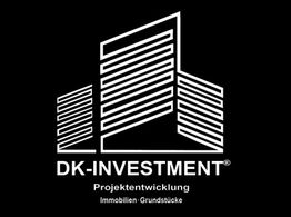 Logo mit stilisierten Gebäuden und Text "DK-INVESTMENT: Projektentwicklung - Immobilien, Grundstücke".
