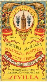 Cartel vintage de la Giralda de Sevilla para una pastelería-panadería en Sevilla.