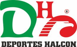 Logotipo de Deportes Halcón en letras verdes y rojas con diseño de halcón estilizado.