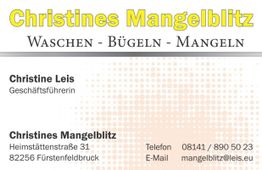 Visitenkarte von Christines Mangelblitz mit Kontaktinformationen und Dienstleistungen.