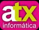 Logo de "atx informática" en fondo rosa, con letras blancas y verdes.
