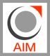 Logo mit grauem Kreis und rotem Dreieck. Text "AIM" in Rot darunter. Grauer Rahmen.