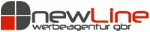 Logo mit Text: "newLine werbeagentur gbr". Links daneben sind vier Quadrate in Grau und Rot.