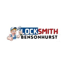 Cartoon locksmith logo with thumbs-up, text: "LOCKSMITH BENSONHURST" in blue and red.