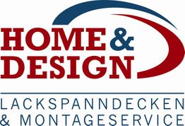 Logo: "HOME & DESIGN", Lackspanndecken & Montageservice, mit blau-rotem grafischem Element.