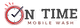 Logo with a clock and checkmark, text reads "ON TIME MOBILE WASH" in dark red and black.
