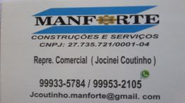 Cartão de visita da Manforte Construções, contato: Jocinei Coutinho e email jcoutinho.manforte@gmail.com.