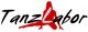 Schwarzer Schriftzug "TanzLabor" mit rotem Tänzer-Schatten im Hintergrund.