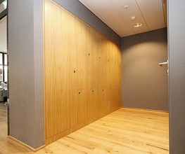 Flur mit grauen Wänden und hölzernen Schränken, Holzboden und modernem Design.