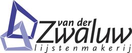 Logo van "van der Zwaluw lijstenmakerij" met blauw-witte geometrische vormen.