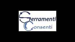 Logo con le parole "Serramenti Consenti" in caratteri blu su sfondo bianco.