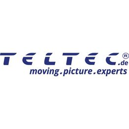 Logo von Teltec mit dem Slogan „moving.picture.experts“ in blauer Schrift auf weißem Hintergrund.