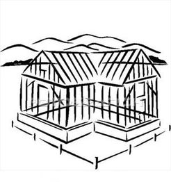 Strichzeichnung eines Skelettbaus eines Hauses mit Bergen im Hintergrund.