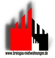 Rotes und schwarzes Gebäude-Logo mit Website-URL: breisgau-mietwohnungen.de.