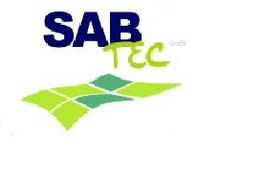 Logo mit blauem "SAB", grünem "TEC" und gekacheltem grün-blauem Muster darunter.