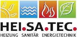 Logo mit Symbolen für Sonne, Wasser, Flamme, Blatt. Text: HEI.SA.TEC Heizung Sanitär Energietechnik.
