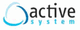 Logo mit stilisiertem Kreis in Blau und Schwarz. Text: "active system".