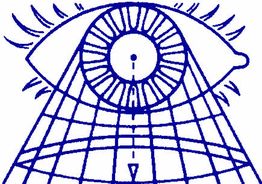 Illustration eines Auges mit Gittermuster im Hintergrund, in blauer Farbe gezeichnet.